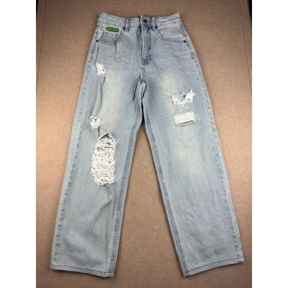 Y2K Empyre Jeans‎ Men's 2 Blue Baggy Distressed Graffiti Patch Mid Rise Denim